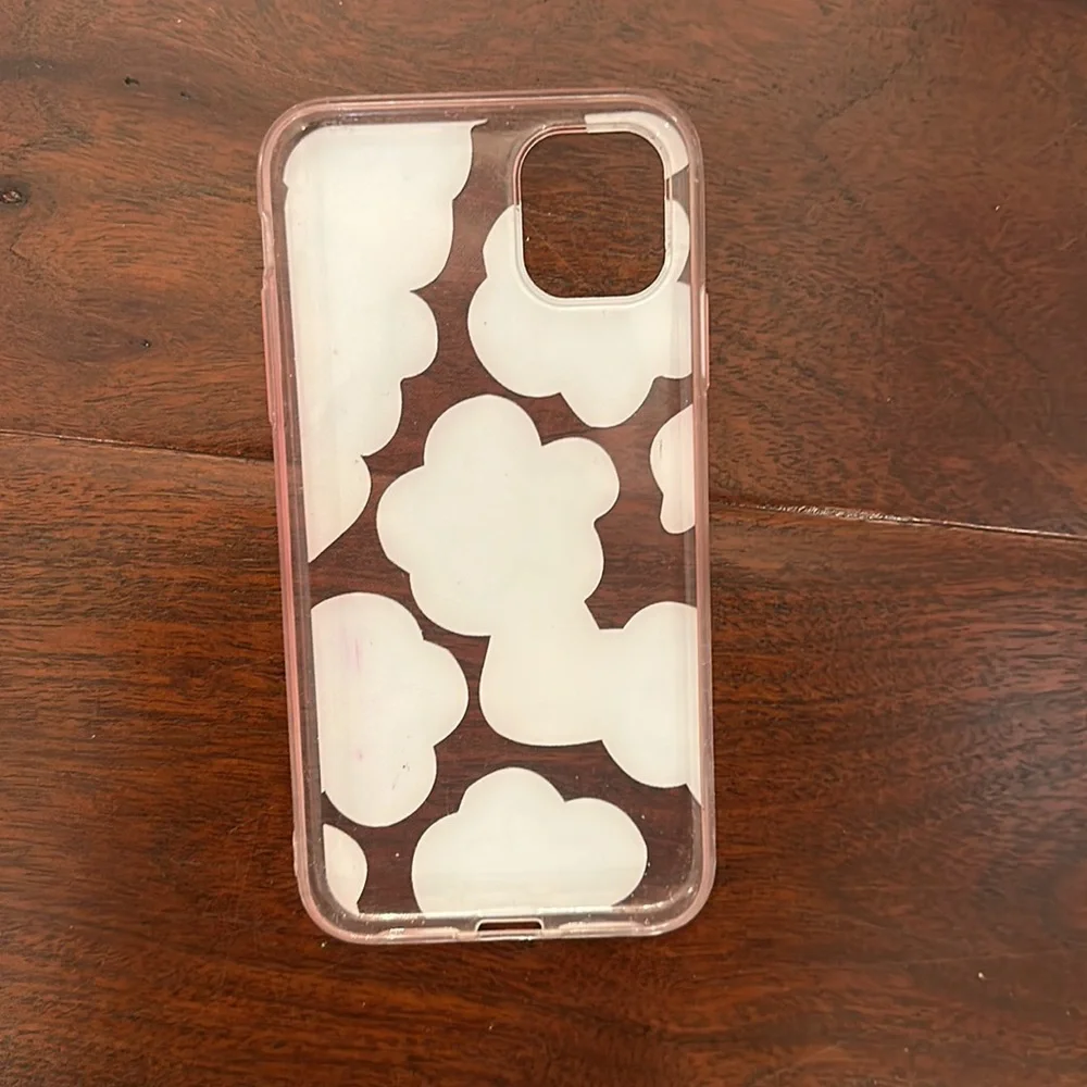 iPhone 11 flexible plastic case, very pale pink almost clear with blue flowers